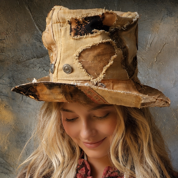 PEACEMACKER  / Designer Top Hat Upcycled Raw Wide-Brim Butterfly Patched Artisan Hat Avant-Garde Sculptural Hat