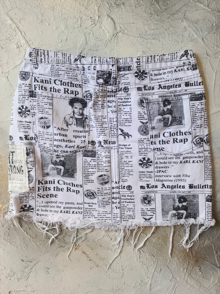 Swifty / Authentic Avant-Garde Designer Mini Skirt Upcycled Gazette Print Denim Shabby Chic Raw Cut Concept Street wear