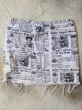 Swifty / Authentic Avant-Garde Designer Mini Skirt Upcycled Gazette Print Denim Shabby Chic Raw Cut Concept Street wear