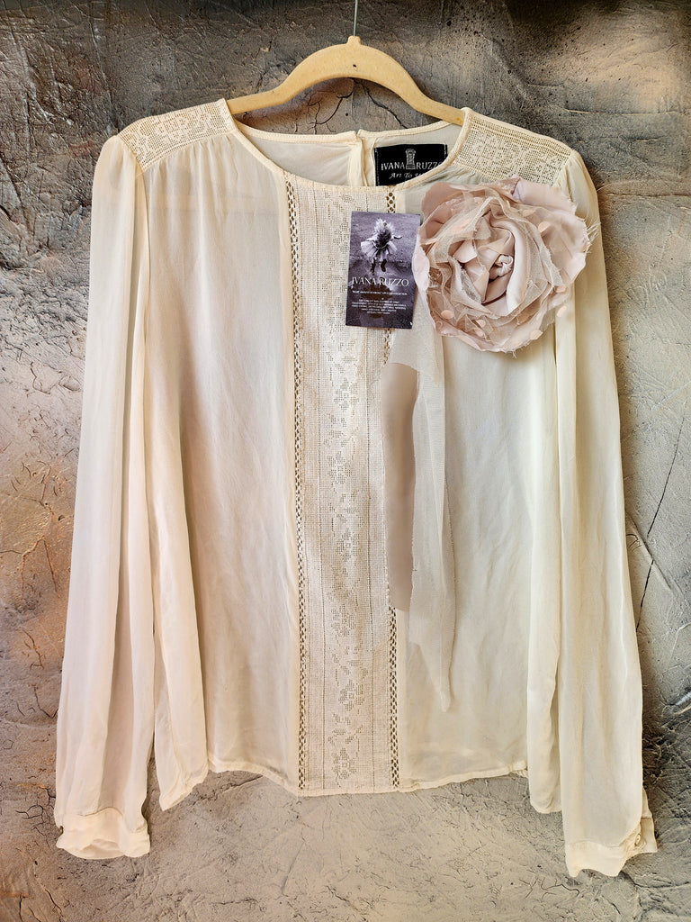 Quiet Drama / Bohemian Blouse Ivory Textured Lace Avant-garde Organic Drape Large Sculptural Rose Silk Fabric Flower