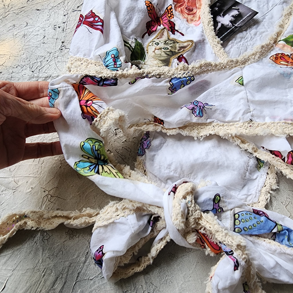 Morning Garden / Designer Victorian Top Ruffle European Cotton Cat Rose Hand Patched Distressing Patchwork Floral Top