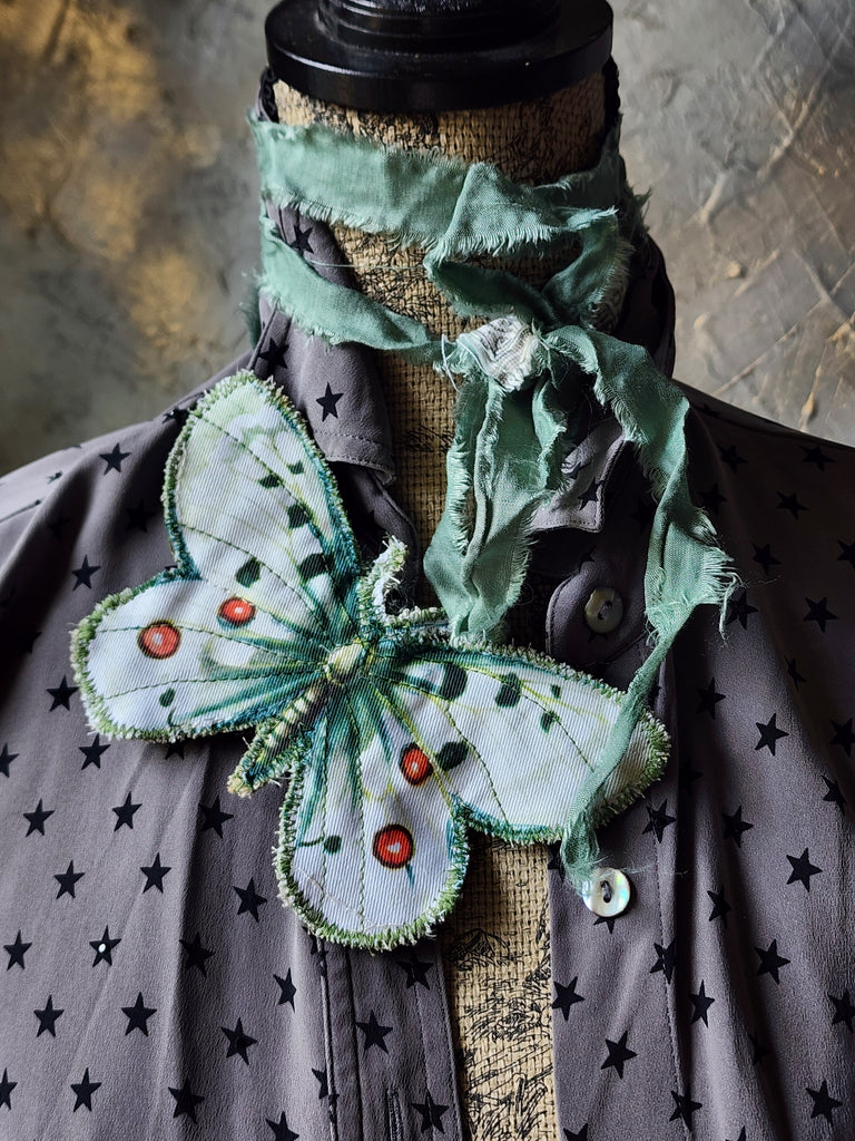 Midnight Fairy / Boho Graphic Vintage Fabric Jabot Botanical Bowtie Butterfly Necklace Belt Concept Upcycled Artisan Accessories
