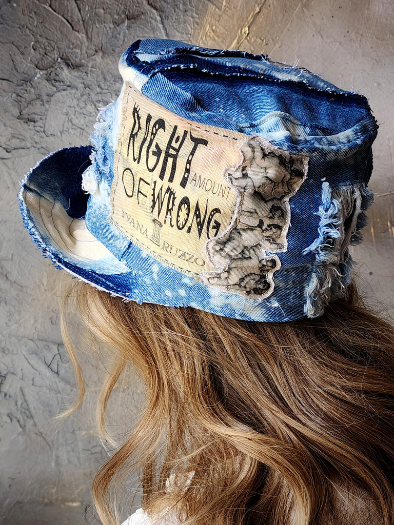 L'AZUR DE GURSON / Avant-Garde Top Hat Sculptured Designer French Garçon Cap Upcycled Blue Denim Raw Cut Patched