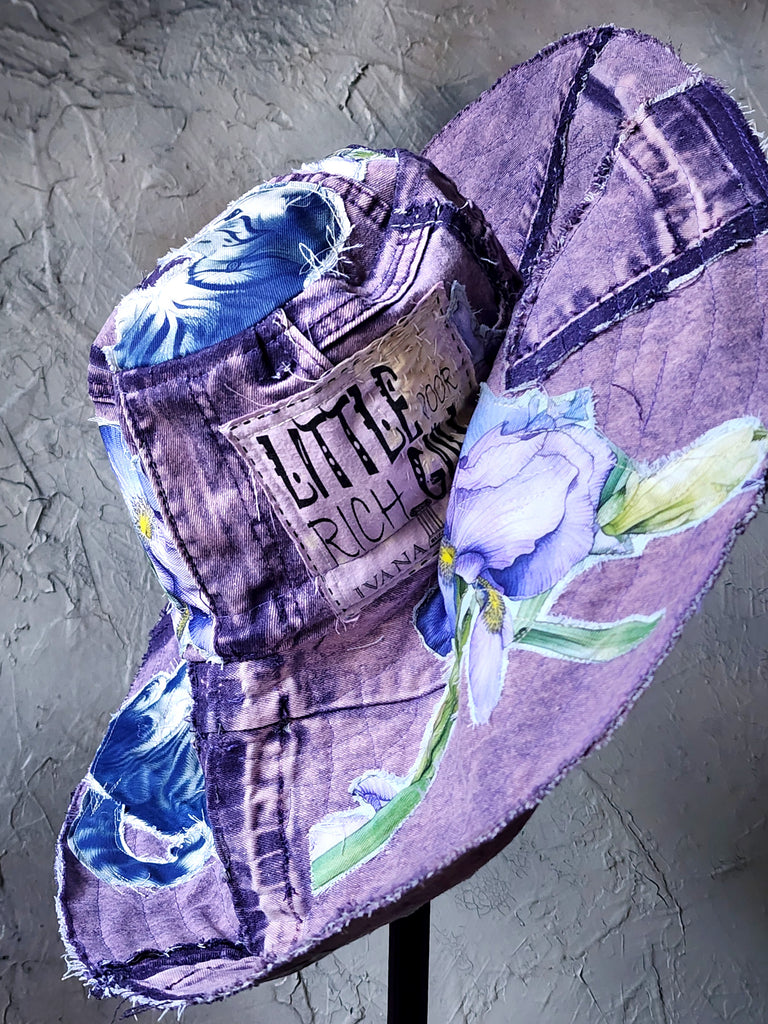 Alpine Blue / Designer Top Hat Shabby Chic Hat Upcycled Distressed Denim Bohemian Sculptural Hat Handstitched Cat Appliqué Patchwork