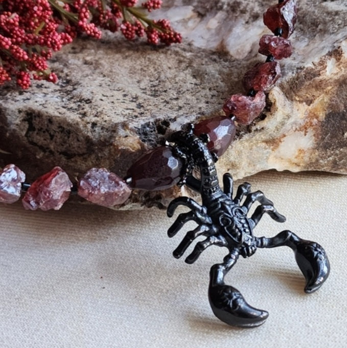 SCORPIO / Large Pendant Raw Natural Garnet Crystals Black Rhodium BohoRaw Natural Garnet nuggets/