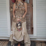 Archivist / Boho Designer Patchwork Maxi Dress Cat Patchwork European Cotton Applique Hand Made Unique Maxi