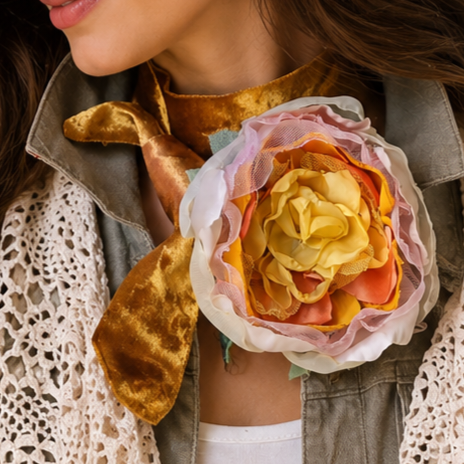 Golden Frost / Cottage Jabot Silk Romantic Flower Fabric Rose Gold Camellia Bowtie Antique Lace 20th century 60s archives
