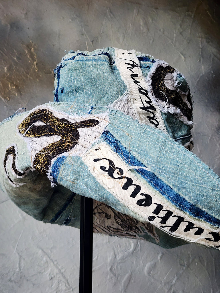 ARCHIVIST / Avant-Garde Sculptured Tophat Wide Side Upcycled Denim Raw Cut Snake Print Patched Dark Academy Vintage style