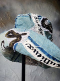 ARCHIVIST / Avant-Garde Sculptured Tophat Wide Side Upcycled Denim Raw Cut Snake Print Patched Dark Academy Vintage style