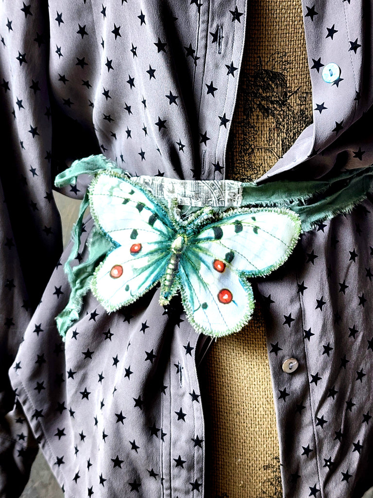 Midnight Fairy / Boho Graphic Vintage Fabric Jabot Botanical Bowtie Butterfly Necklace Belt Concept Upcycled Artisan Accessories