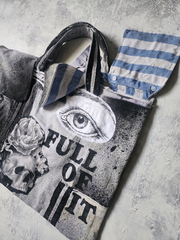 FOLL OF IT / Designer Handbag Distressed Black Denim Scull Appliqué Logo Eye Patch Appliqué Avant-garde Street-wear