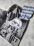 FOLL OF IT / Designer Handbag Distressed Black Denim Scull Appliqué Logo Eye Patch Appliqué Avant-garde Street-wear