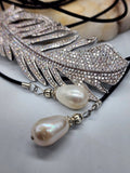 Patricia Night / 14K Gold plated Designer Couture Statement Necklace Feather Choker Topaz Pave Genuine Leather Pearl Lariat