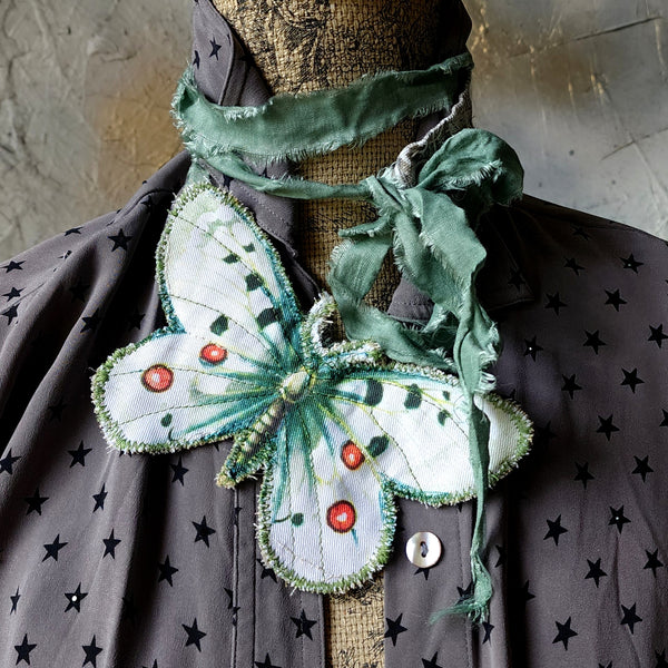 Midnight Fairy / Boho Graphic Vintage Fabric Jabot Botanical Bowtie Butterfly Necklace Belt Concept Upcycled Artisan Accessories