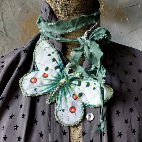 Midnight Fairy / Boho Graphic Vintage Fabric Jabot Botanical Bowtie Butterfly Necklace Belt Concept Upcycled Artisan Accessories