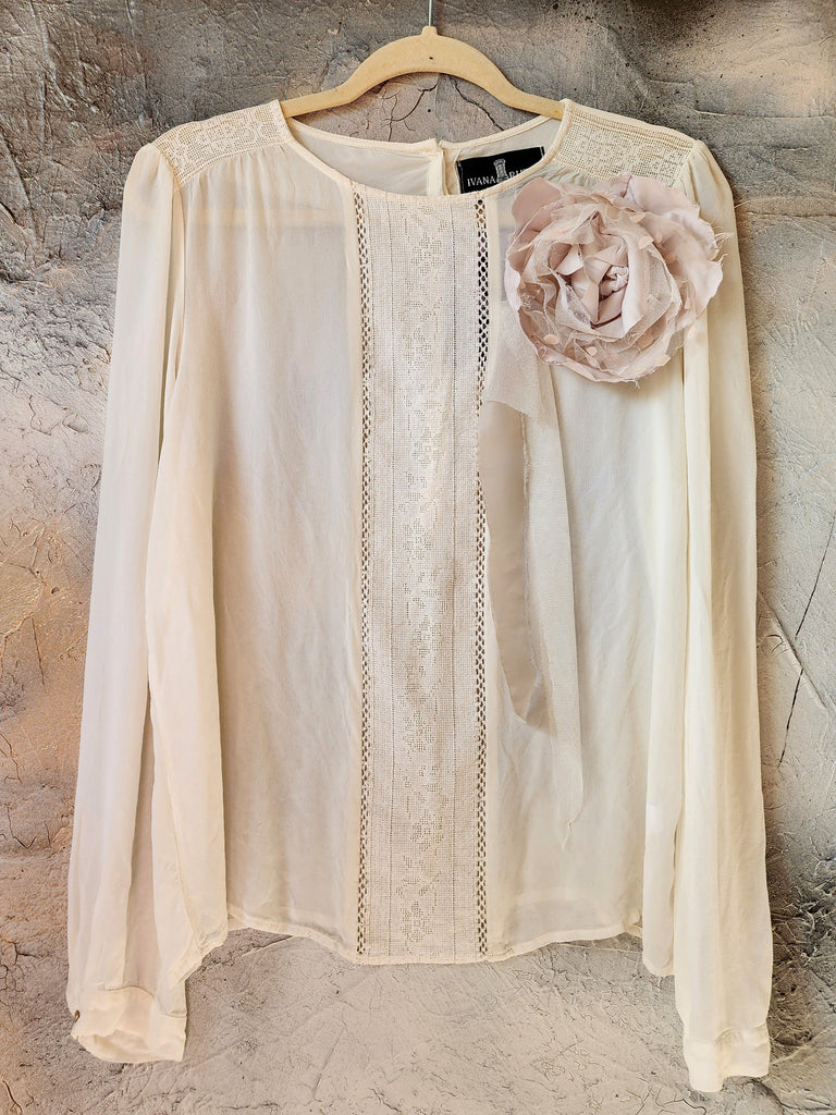 Quiet Drama / Bohemian Blouse Ivory Textured Lace Avant-garde Organic Drape Large Sculptural Rose Silk Fabric Flower