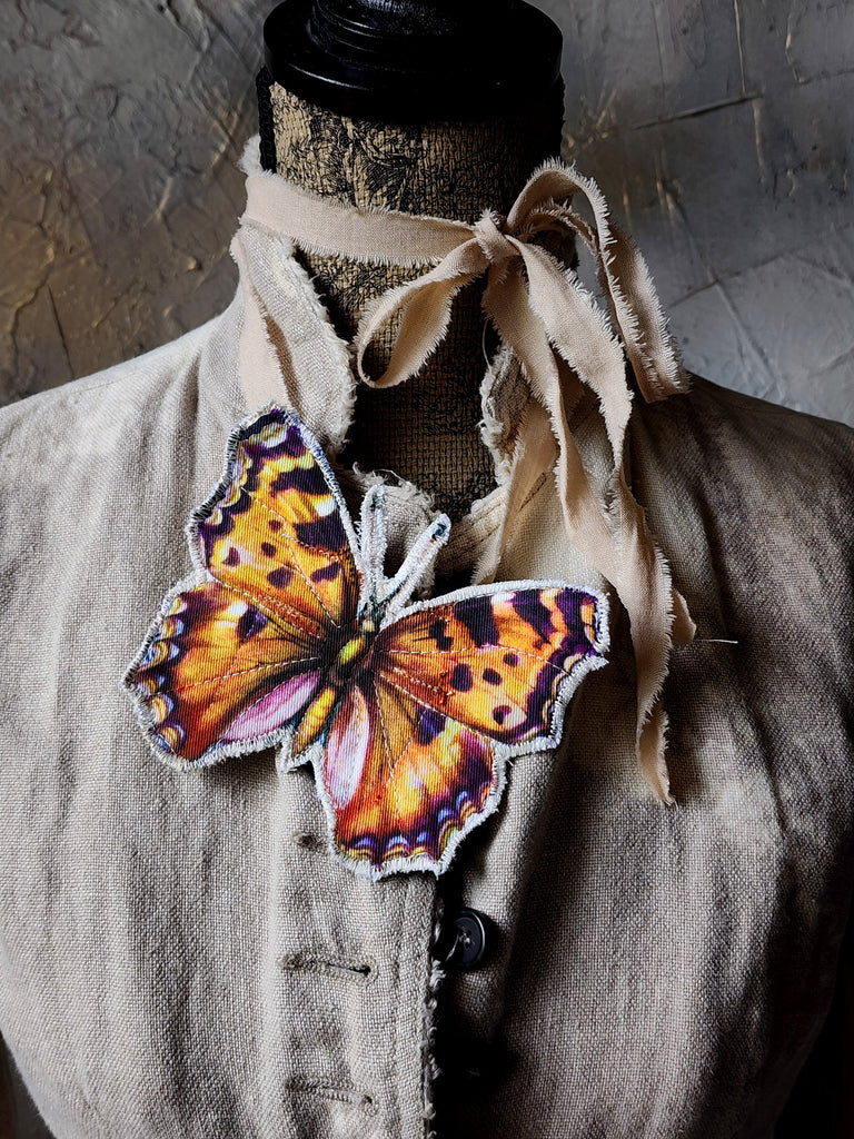 Victoria's Summer / Boho Graphic Vintage Fabric Jabot Botanical Bowtie Butterfly Necklace Belt Concept Upcycled Artisan Accessories
