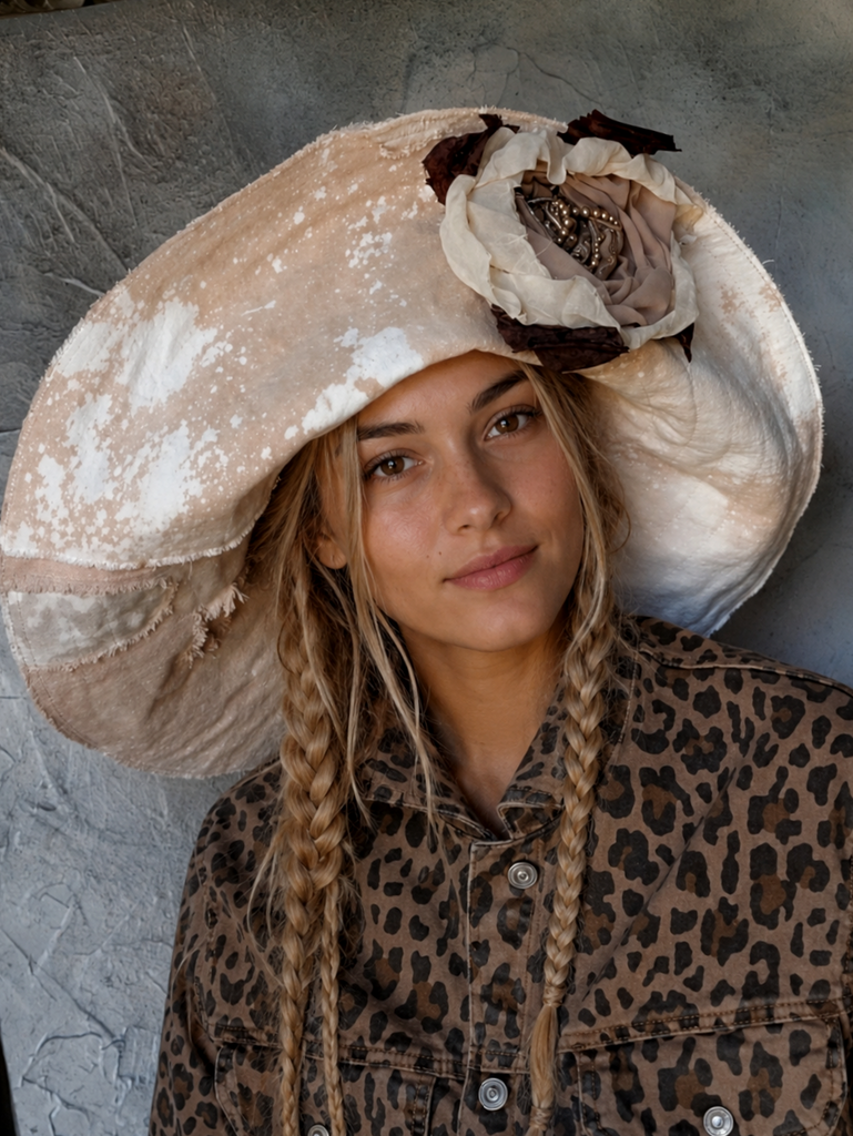 Comtesse La Fleur / Designer Top Hat Upcycled Raw Wide-Brim Rose Pin Pearl Embellishment Patched Artisan Hat