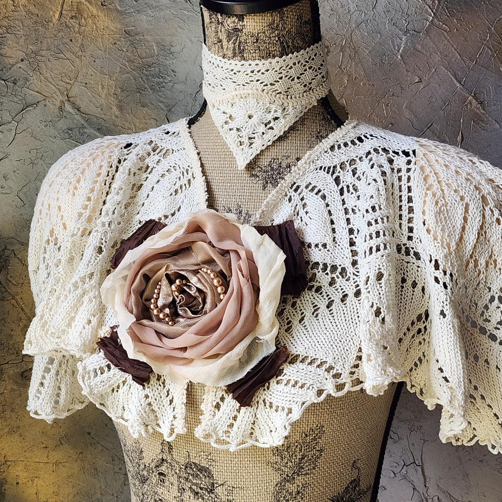 Comtesse La Fleur / Cottage Romantic Pelerine Shal Vintage Lace Large Silk Rose Flower Jabot Cotton Bowtie Tie Lace Choker