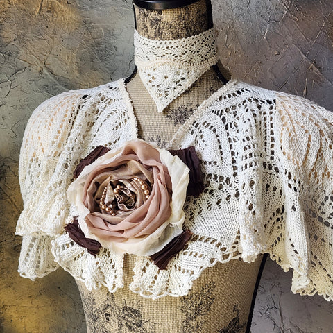Comtesse La Fleur / Cottage Romantic Pelerine Shal Vintage Lace Large Silk Rose Flower Jabot Cotton Bowtie Tie Lace Choker