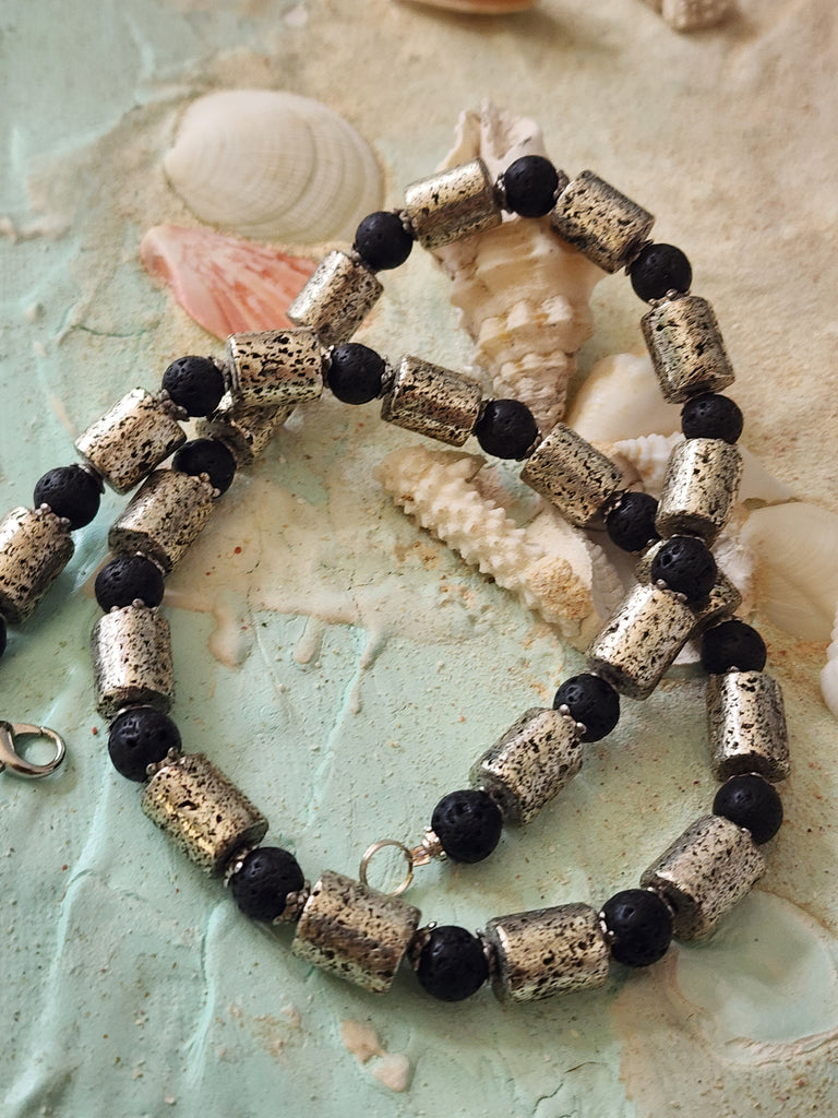 Lava And Chrome / Large Surf Choker Natural Blue Stone Lava Unique Beaded Necklace for Men