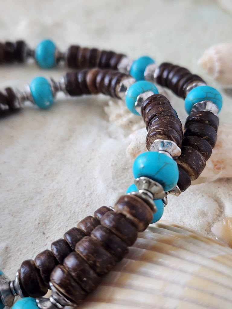 Bohemian Lover / Surf Choker Blue Stone Bronze Feather Unique Beaded Necklace for Men