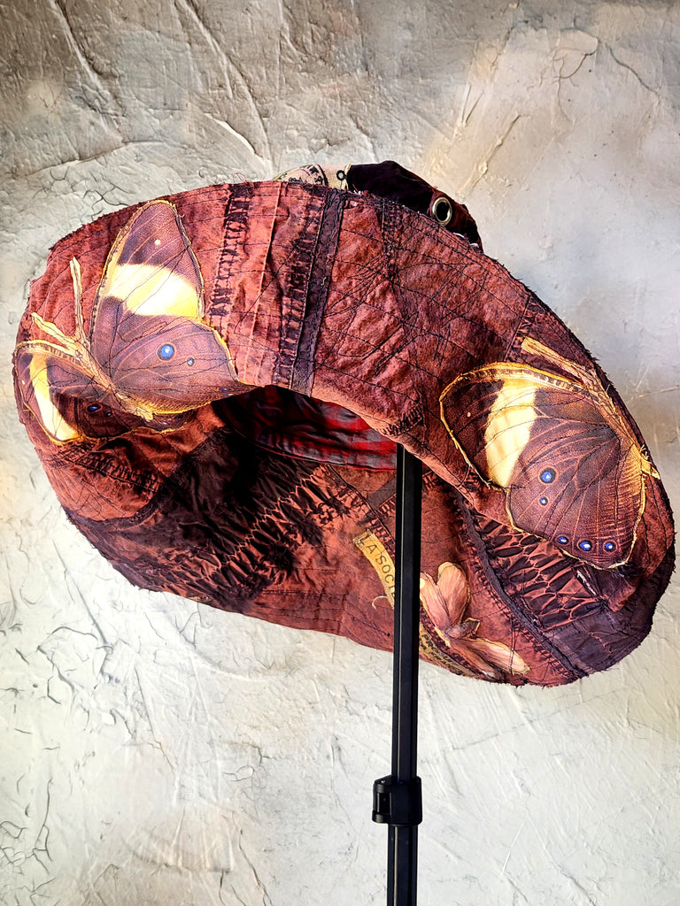 Melanitis Leda / Designer Top Hat Upcycled Raw Wide-Brim Butterfly Patched Artisan Hat Avant-Garde Sculptural Hat