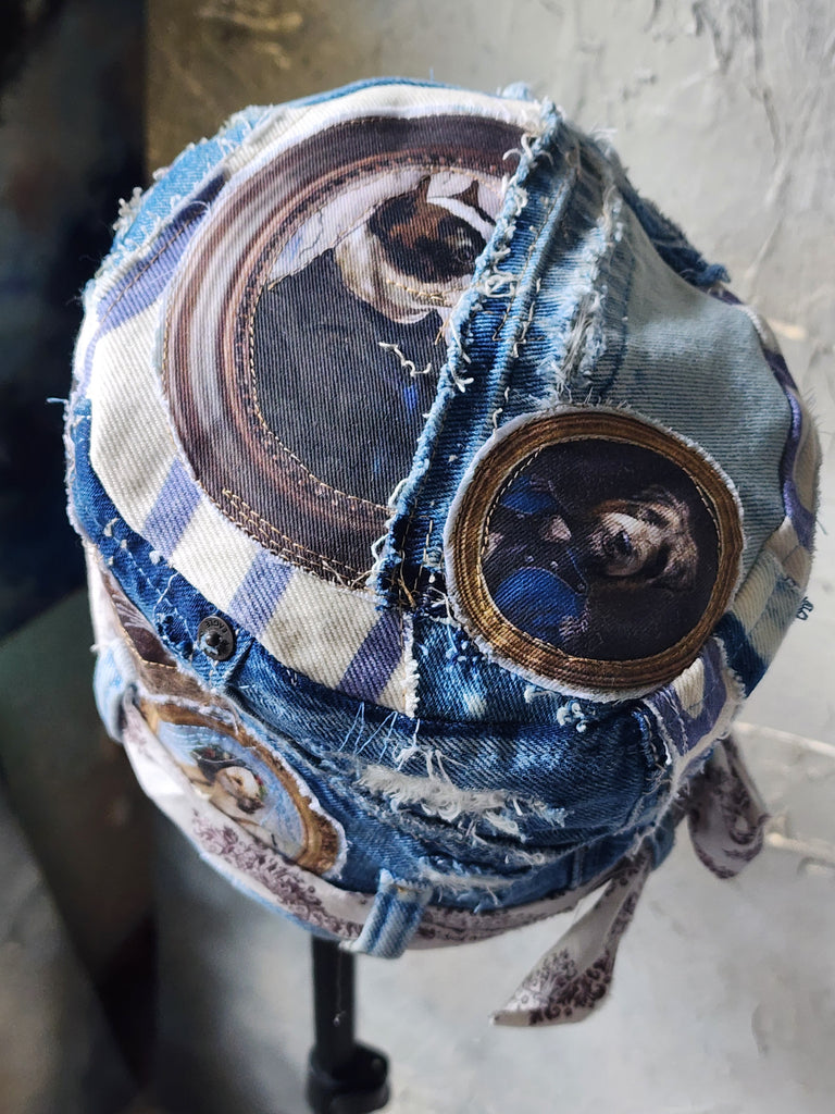British Lord / Designer Top Hat Upcycled Raw Patch Dog Cameo Gold Frame Artisan Hat Artisan Hat Avant-Garde Sculptural Hat