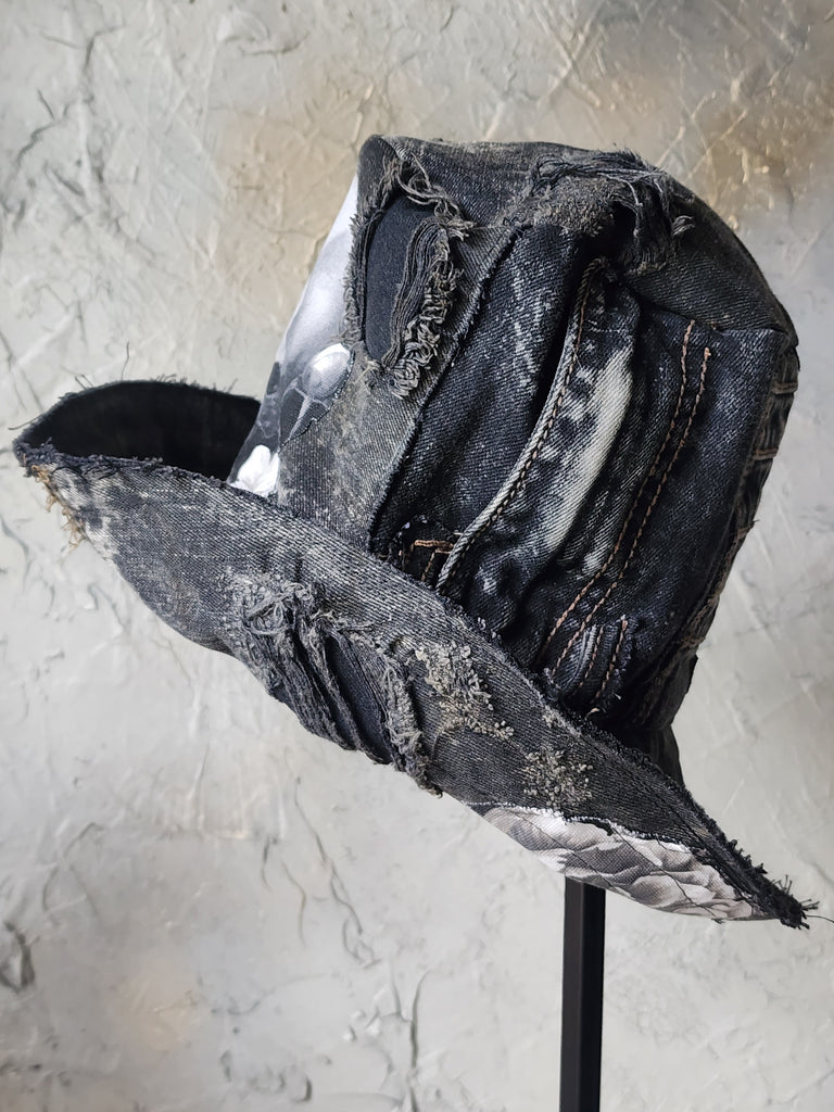 SAINT AND RELIC NUMBER 5 / AVANT-GARDE TOP HAT SKULL APLIQUE UPCYCLED BLACK DENIM SCULPTURED ARTISAN HAT