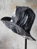 SAINT AND RELIC NUMBER 5 / AVANT-GARDE TOP HAT SKULL APLIQUE UPCYCLED BLACK DENIM SCULPTURED ARTISAN HAT