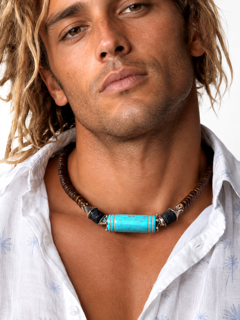 Tiki Bar / Large Surf Choker Natural Blue Stone Bronze Feather Unique Beaded Necklace for Men