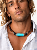 Tiki Bar / Large Surf Choker Natural Blue Stone Bronze Feather Unique Beaded Necklace for Men