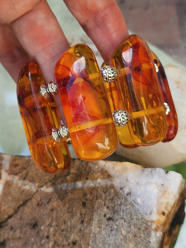 Look Into the Sun / Beeswax Lab Amber silver plated Resin atural Polymer Large Amber Bracelet Honey Color