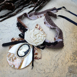 De Piano / Deigner Necklace Shabby Chic Jabot Large Rose Magnolia Black Bow tie Handcrafted Large Cameo Necklace