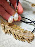 Patricia Night / 14K Gold plated Designer Couture Statement Necklace Feather Choker Topaz Pave Genuine Leather Pearl Lariat