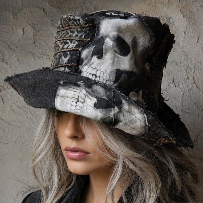 SAINT AND RELIC NUMBER 5 / AVANT-GARDE TOP HAT SKULL APLIQUE UPCYCLED BLACK DENIM SCULPTURED ARTISAN HAT
