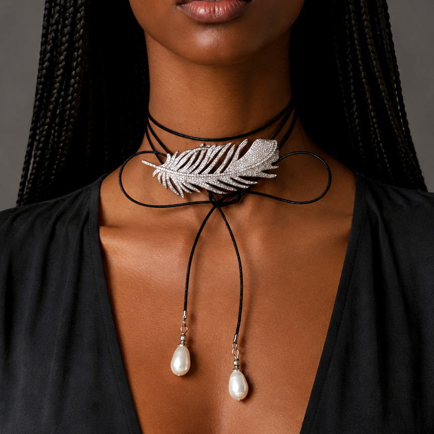 Patricia Night / 14K Gold plated Designer Couture Statement Necklace Feather Choker Topaz Pave Genuine Leather Pearl Lariat