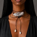 Patricia Night / 14K Gold plated Designer Couture Statement Necklace Feather Choker Topaz Pave Genuine Leather Pearl Lariat