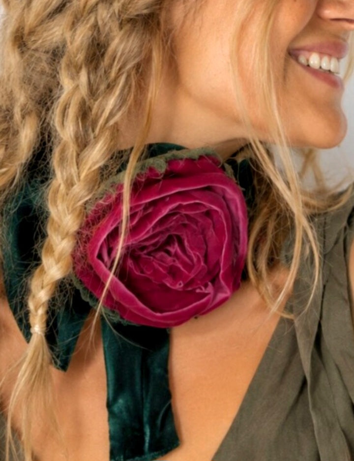 Burgundy Chic / Cottage Velvet Jabot Bow Tie Romantic Flower Fabric Rose Camellia Velvet Scarf Green Velvet Scarf
