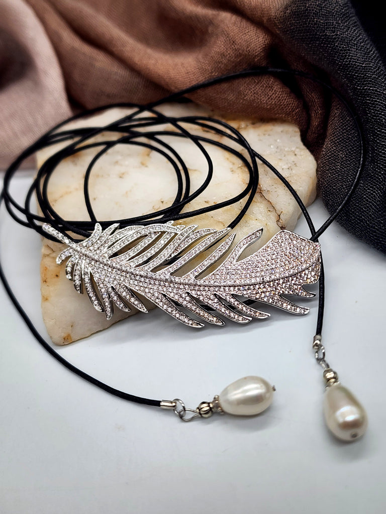 Patricia Night / 14K Gold plated Designer Couture Statement Necklace Feather Choker Topaz Pave Genuine Leather Pearl Lariat