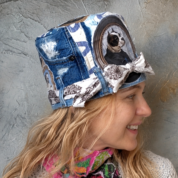 British Lord / Designer Top Hat Upcycled Raw Patch Dog Cameo Gold Frame Artisan Hat Artisan Hat Avant-Garde Sculptural Hat