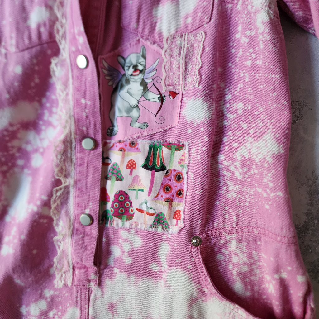 DOGS AND HEARTS / Designer Hot Pink Denim Jumpsuit Romper Unique Concept Wear Avangard Fashion Shabby Chic