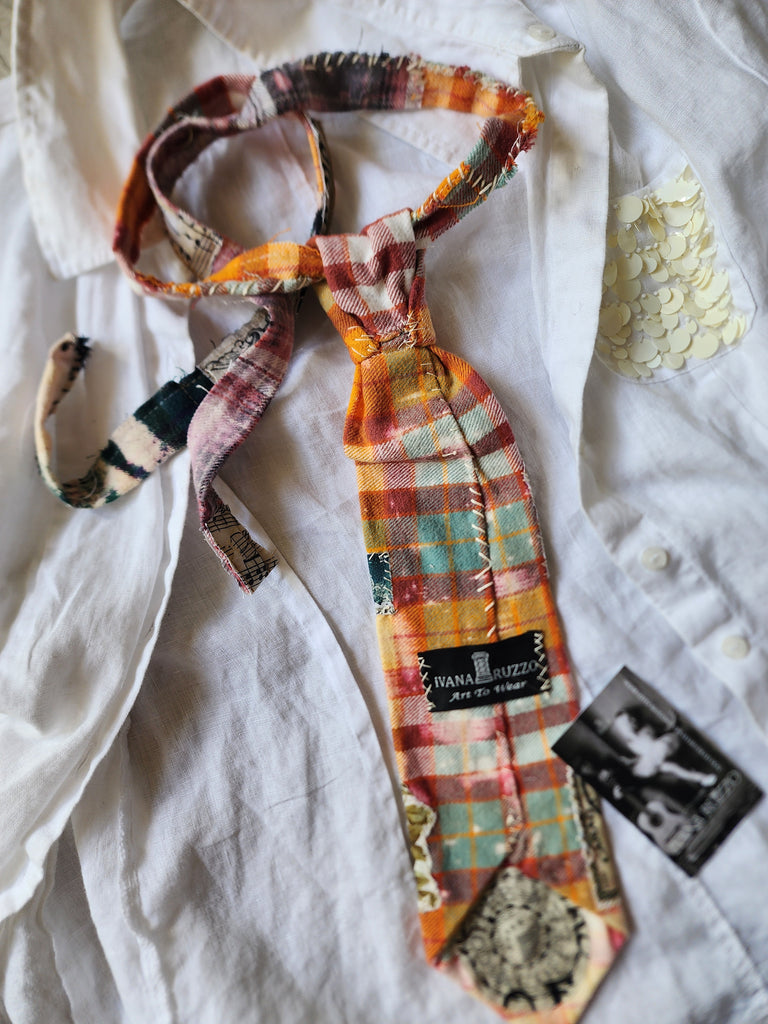 OLD MONEY CRAVAT / Shabby Chic Tie Jabot Bohemian Upcycled Plaid Boho Necklace Upcycled Cottage Patched Artisan Bowtie