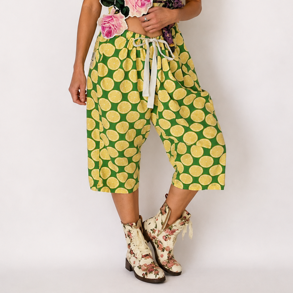 Cloudless Lemon / Bloomers Victorian Pants Shabby Chic Aplique Lemon Floral Print Patchwork Romantic Chic Patched Avant-garde