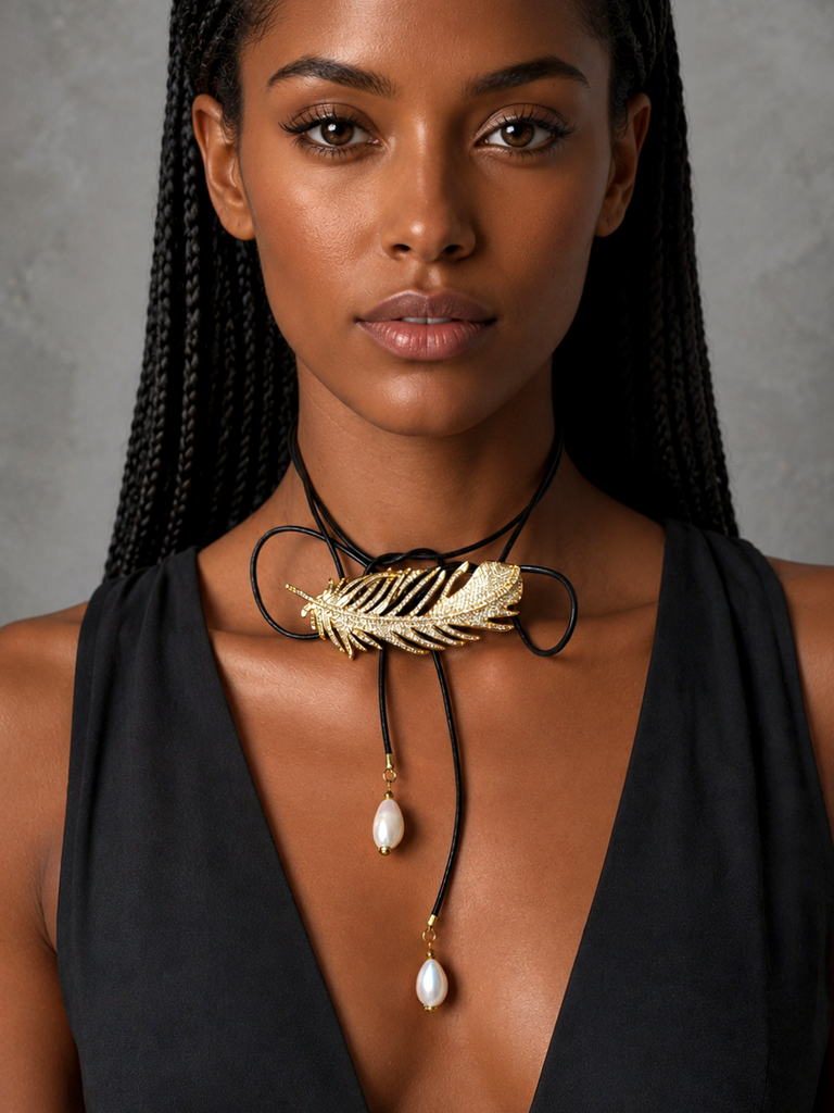 Patricia Night / 14K Gold plated Designer Couture Statement Necklace Feather Choker Topaz Pave Genuine Leather Pearl Lariat