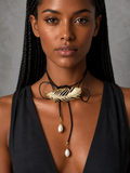 Patricia Night / 14K Gold plated Designer Couture Statement Necklace Feather Choker Topaz Pave Genuine Leather Pearl Lariat