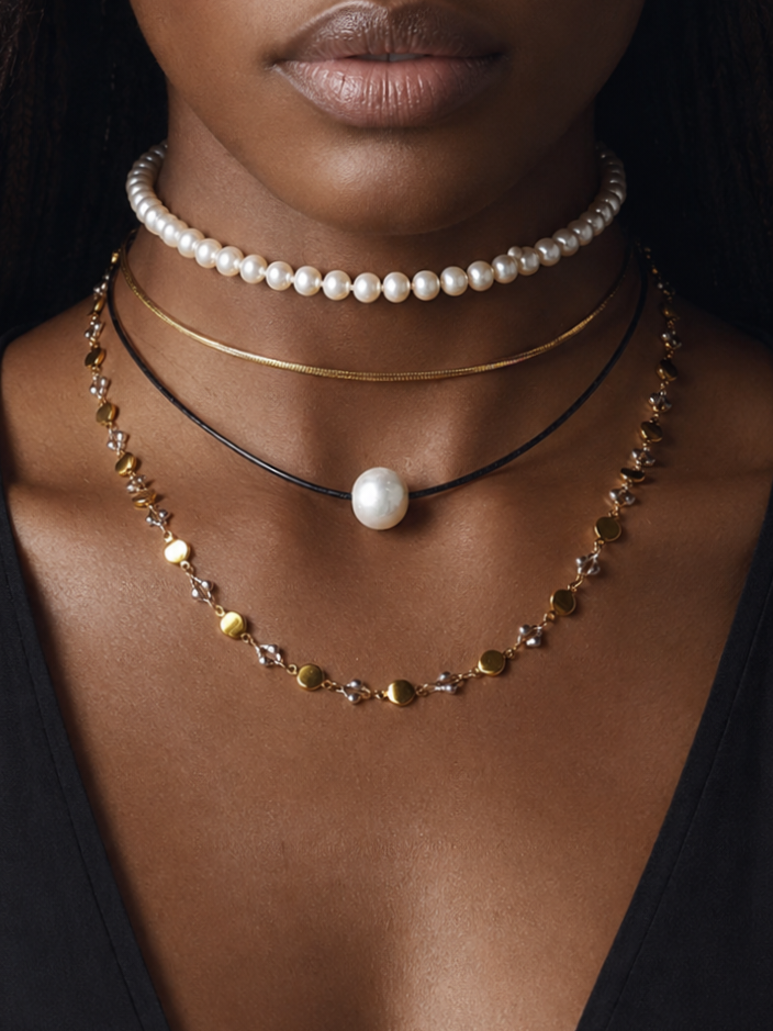 Floating Pearl / 14K Yellow Gold Plated Chain Clasp Freshwatter Large Natural Pearl Genuine Black Leather