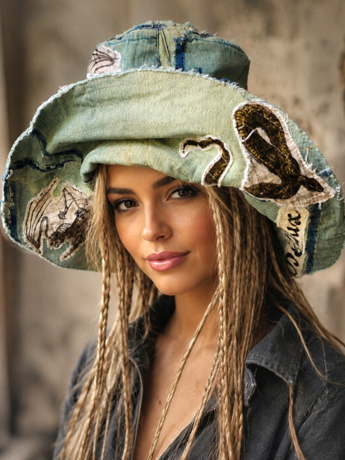 ARCHIVIST / Avant-Garde Sculptured Tophat Wide Side Upcycled Denim Raw Cut Snake Print Patched Dark Academy Vintage style