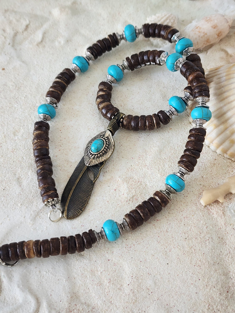 Bohemian Lover / Surf Choker Blue Stone Bronze Feather Unique Beaded Necklace for Men