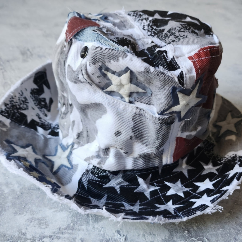 SOUTH STARS / Designer Top Hat Shabby Chic Hat Upcycled Distressed Denim Bohemian style Hat Hand Stitched Top Hat Patchwork